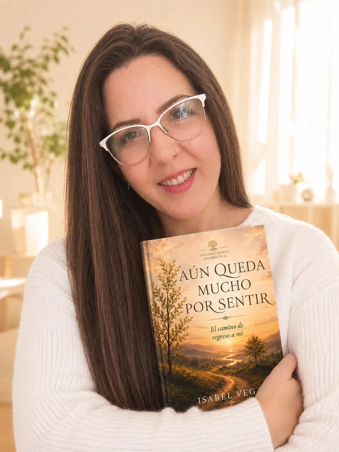 Isabel Vega sosteniendo su libro Aún queda mucho por sentir